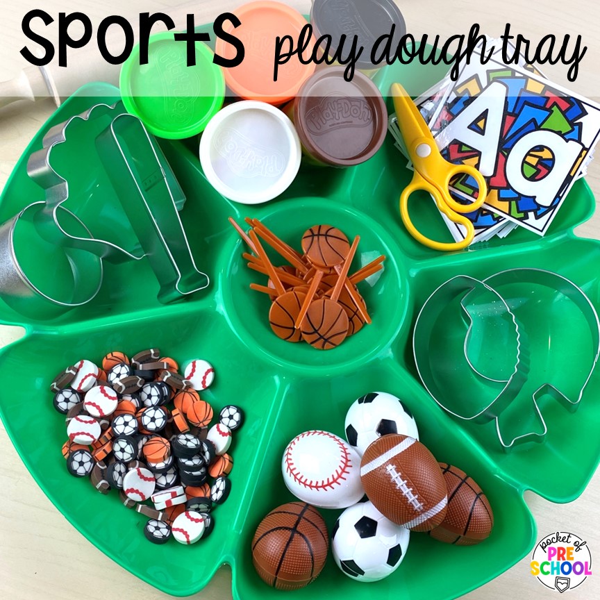 Sports play dough tray with cookie cutters, mini erasers and sports eggs! Get tons of ideas for a sports theme in your preschool, pre-k, or kindergarten classroom. There are ideas for math, literacy, fine motor, science, art, and more!