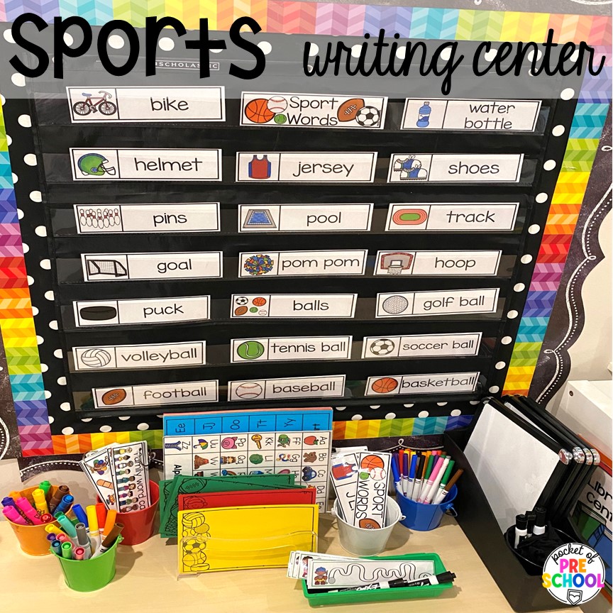 Sports theme writing center with vocabulary cards, paper, dry erase boards, and pre-writing cards. Plus tons of ideas for a sports theme in your preschool, pre-k, or kindergarten classroom. There are ideas for math, literacy, fine motor, science, art, and more!
