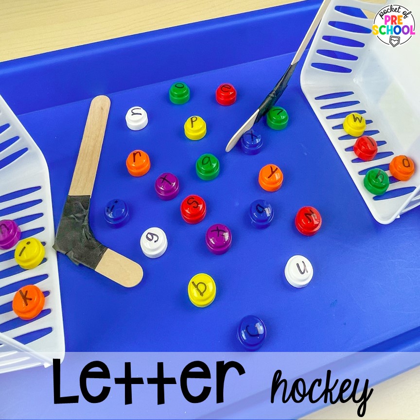 Letter hockey is a fun alphabet game to teach uppercase or lowercase letters. Sports themed preschool, pre-k, a& kindergarten activities for math, literacy, fine motor, and more!