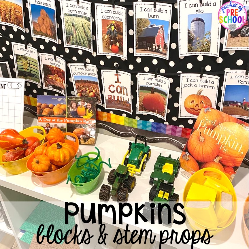 Set up your stem and block area with these pumpkin themed props for preschool, pre-k, and kindergarten students.
