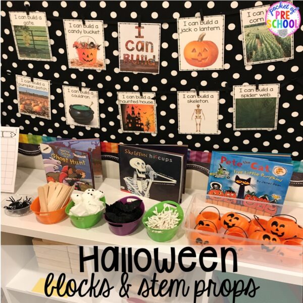 Set up your stem and block area with these Halloween themed props for preschool, pre-k, and kindergarten students.