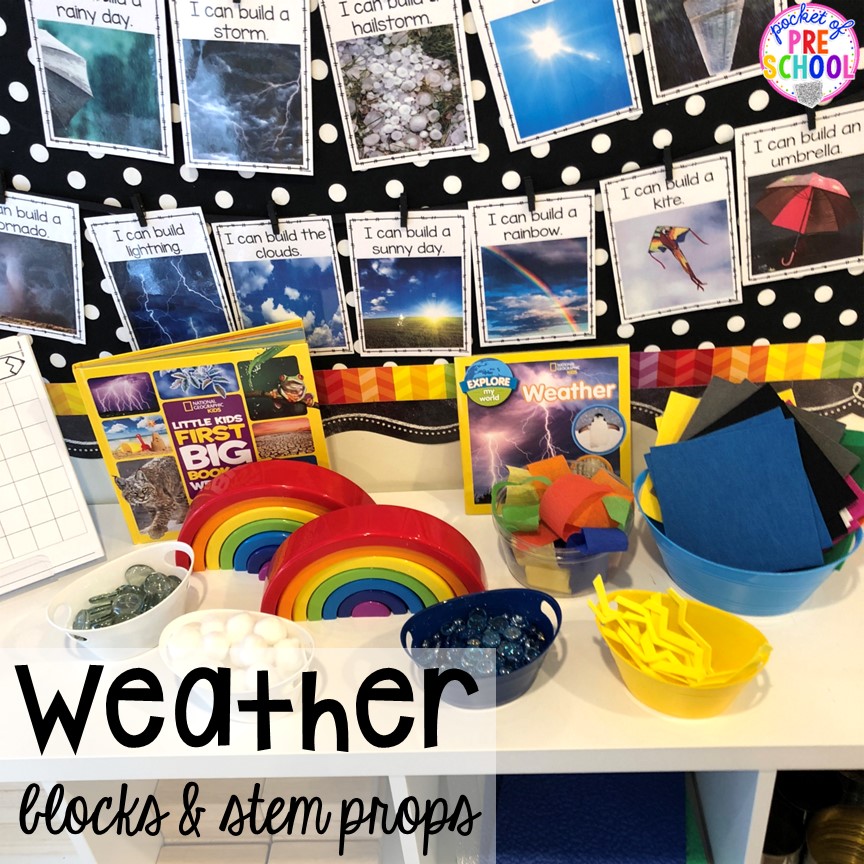 Set up your stem and block area with these weather themed props for preschool, pre-k, and kindergarten students.