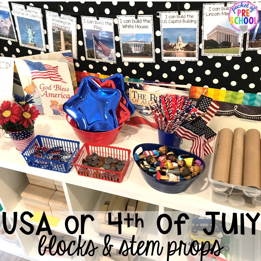 Set up your stem and block area with these USA themed props for preschool, pre-k, and kindergarten students.