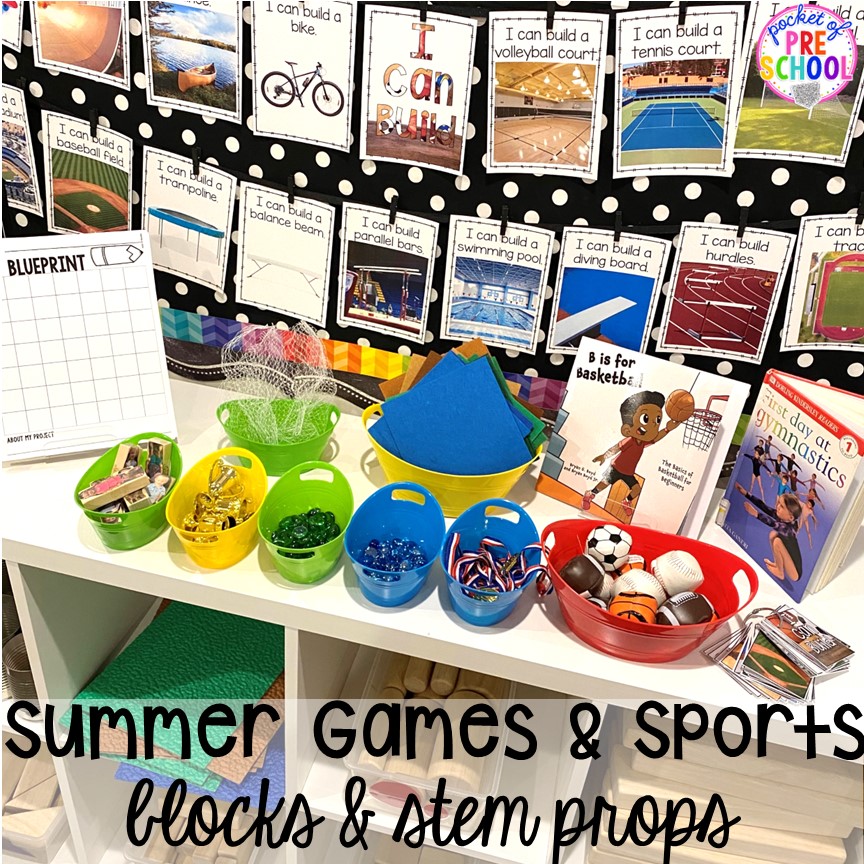 Set up your stem and block area with these summer games or sports themed props for preschool, pre-k, and kindergarten students.