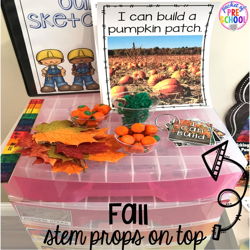 Set up your stem and block area with these fall themed props for preschool, pre-k, and kindergarten students.