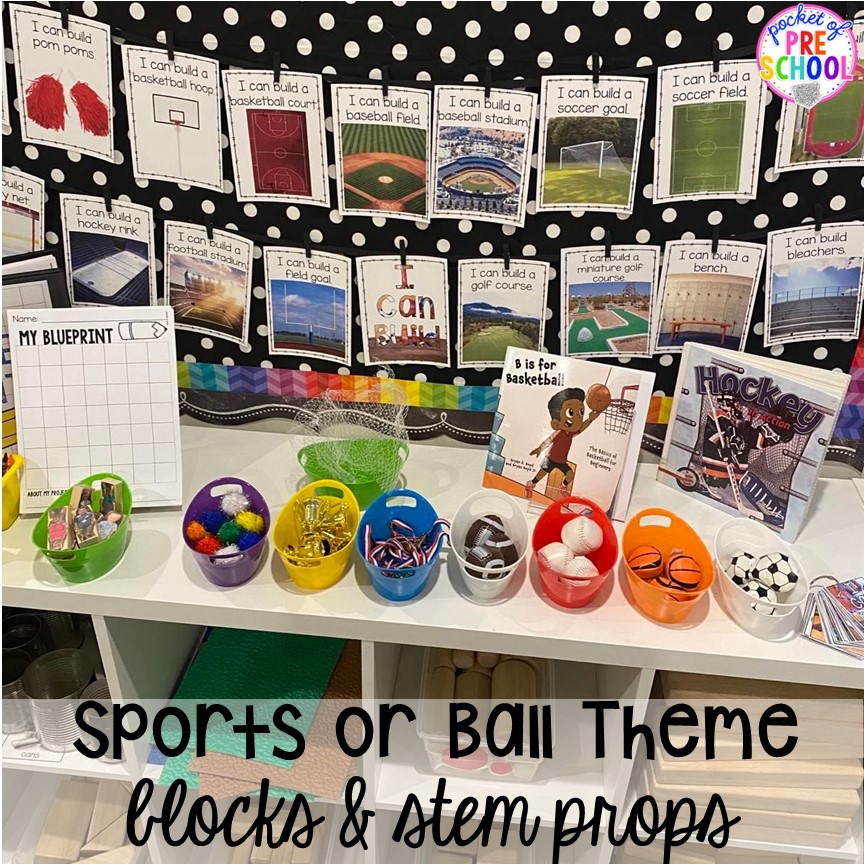 Set up your stem and block area with these sports or ball themed props for preschool, pre-k, and kindergarten students.