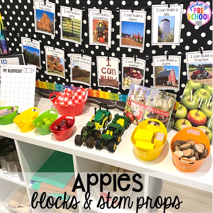 Set up your stem and block area with these apples themed props for preschool, pre-k, and kindergarten students.