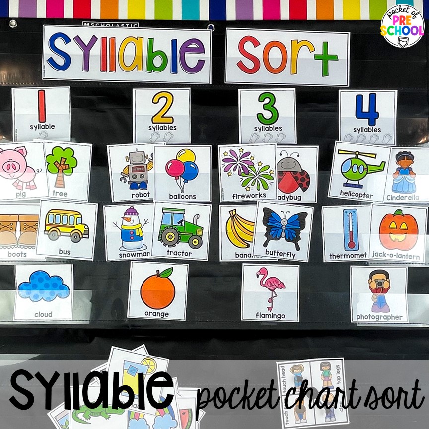 Syllable pocket chart sorting activity for students. Check out this post with over 15 syllable activities for preschool, pre-k, and kindergarten students.