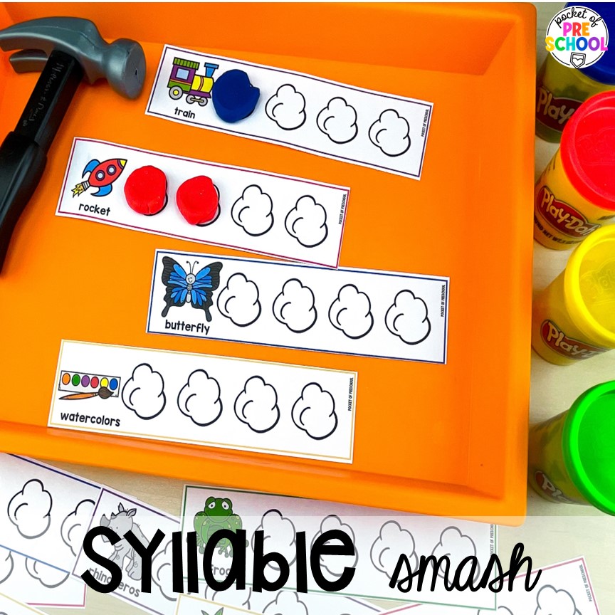 Syllable smash for fine motor work and syllable practice. Syllable activities for preschool, pre-k, and kindergarten students to explore and learn about literacy.