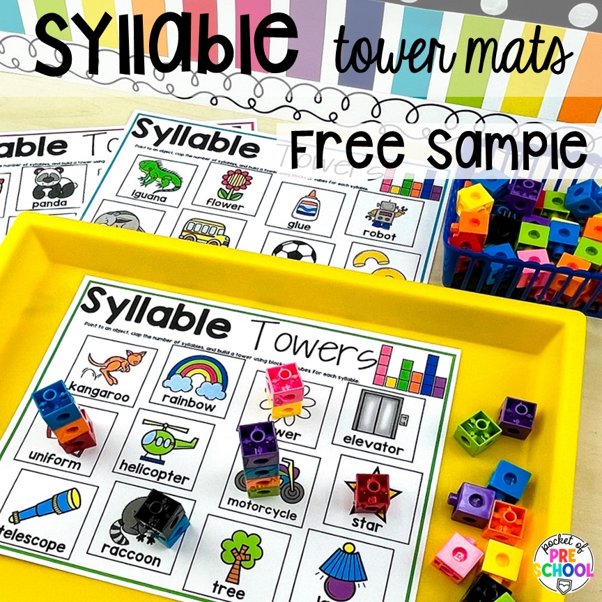 Syllable tower mats is a fun activity for students to build and count syllables. Check out this post with over 15 syllable activities for preschool, pre-k, and kindergarten students.