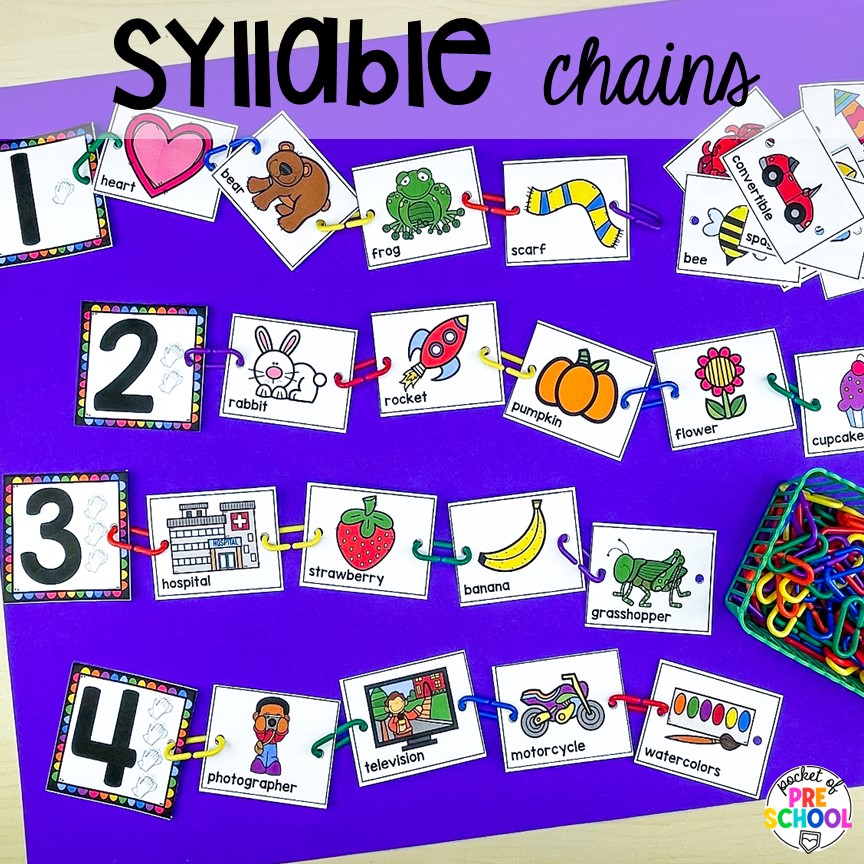 Syllable chains activity for little learners to explore syllables. Syllable activities for preschool, pre-k, and kindergarten students to explore and learn about literacy.