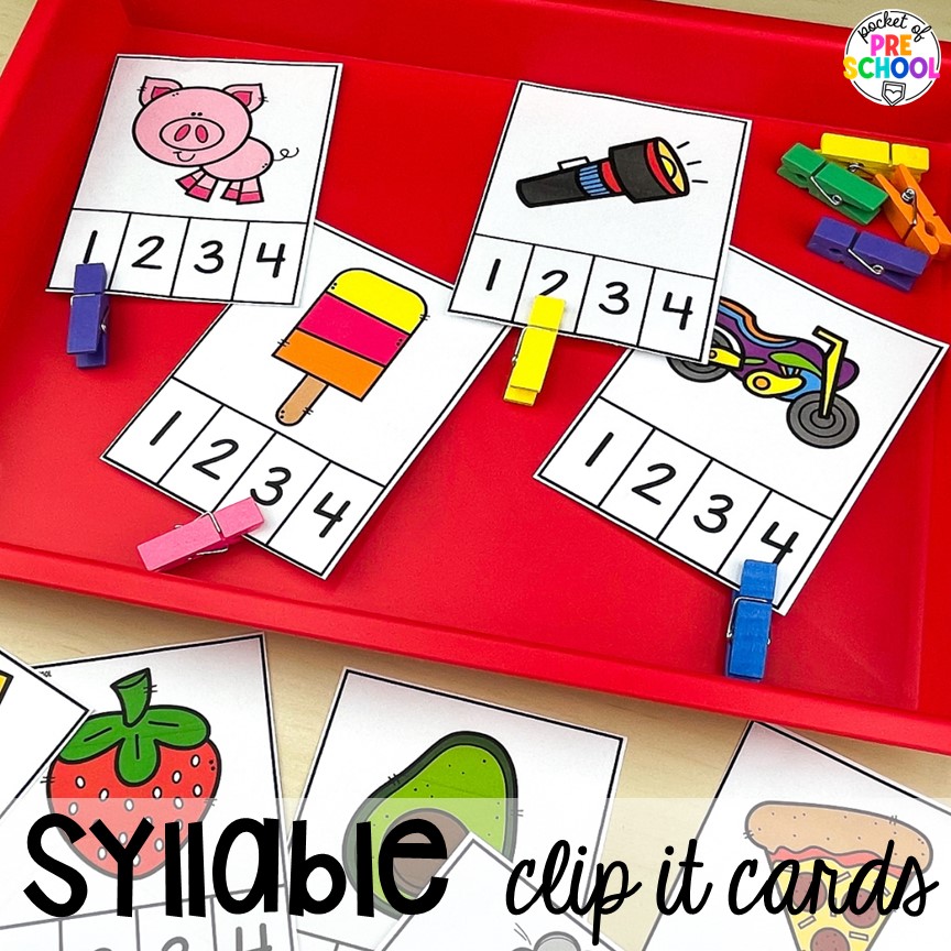 Syllable Clip It Cards for fine motor work and syllables. Syllable activities for preschool, pre-k, and kindergarten students to explore and learn about literacy.