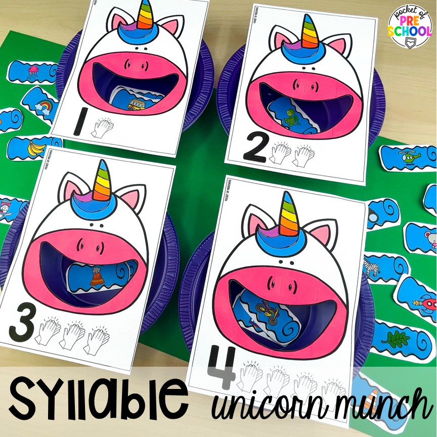 Syllable unicorn munch for a fun feed me syllable game. Check out this post with over 15 syllable activities for preschool, pre-k, and kindergarten students.