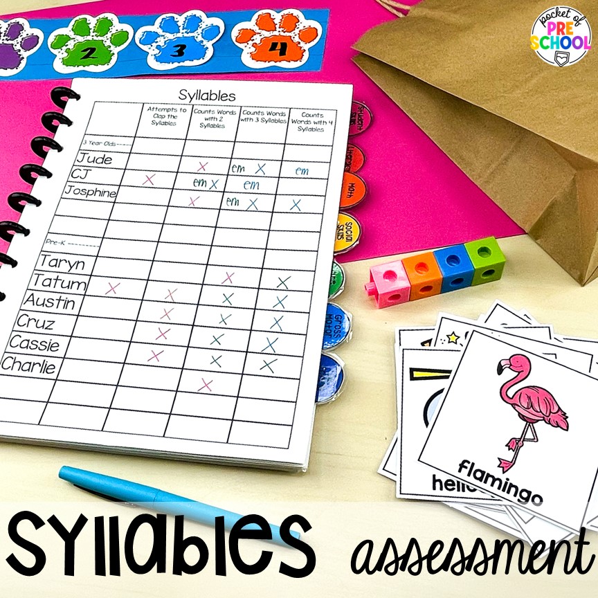 Syllables assessment printables for an easy assessment tool. Syllable activities for preschool, pre-k, and kindergarten students to explore and learn about literacy.
