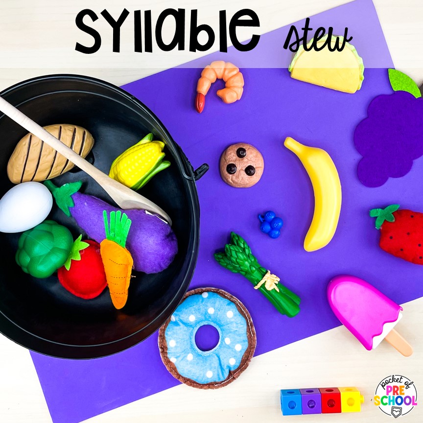 Syllable stew for practicing syllables. Check out this post with over 15 syllable activities for preschool, pre-k, and kindergarten students.