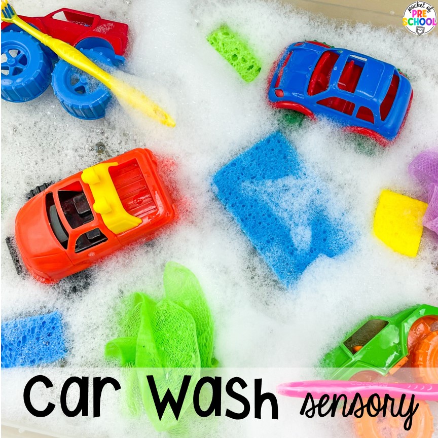 Car wash sensory bin for a transportation theme or summer theme! Check out more water Sensory Table Ideas for preschool, pre-k, and kindergarten students to explore, develop muscles, & increase their problem solving skills.
