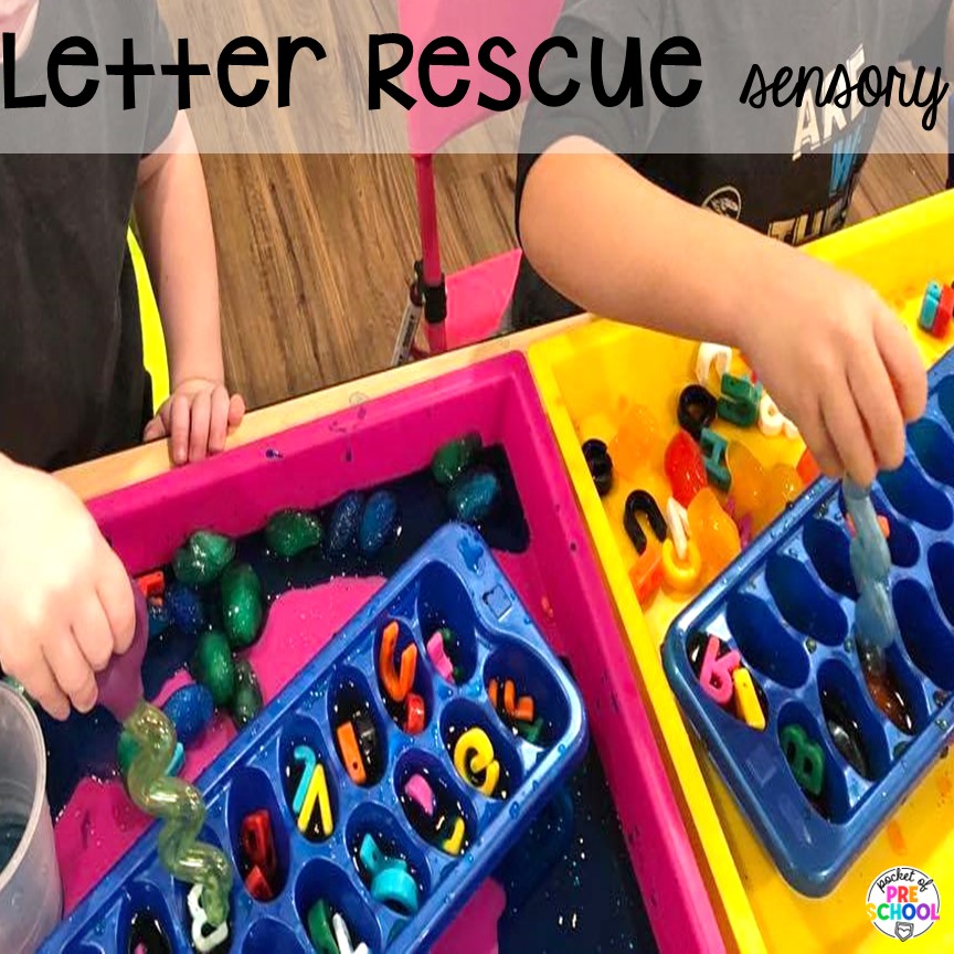 Letter Rescue Sensory, a fun way to explore literacy! Water Sensory Table Ideas for preschool, pre-k, and kindergarten students to explore, develop muscles, & increase their problem solving skills.