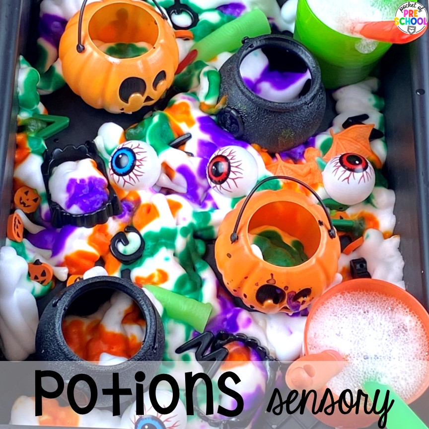 Potions sensory play perfect for the month of October! Check out these water sensory table ideas for fun all-year long in the preschool, pre-k, or kindergarten classroom.