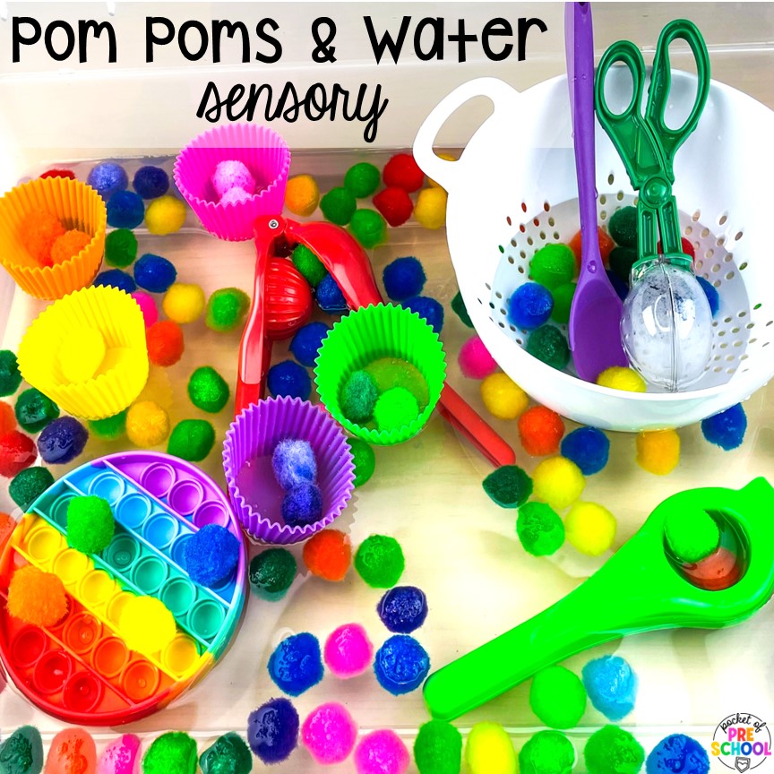 Pom poms and water sensory bin for fun fine motor work! Water Sensory Table Ideas for preschool, pre-k, and kindergarten students to explore, develop muscles, & increase their problem solving skills.