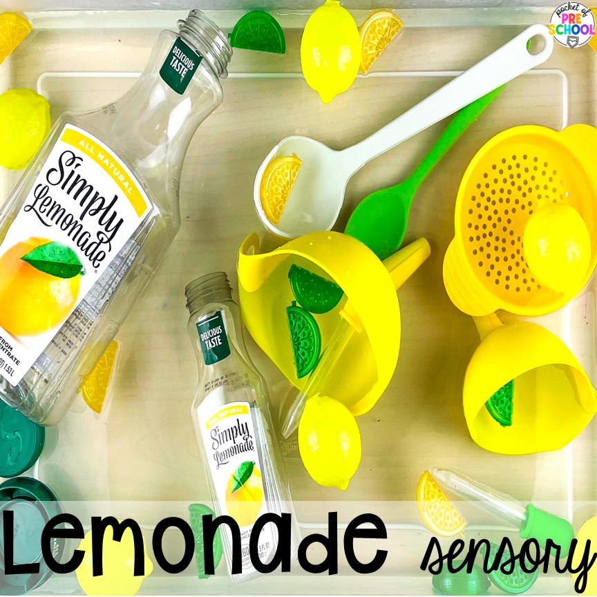 Lemonade sensory table with fake lemons, tools, and empty containers. Check out these water sensory table ideas for fun all-year long in the preschool, pre-k, or kindergarten classroom.