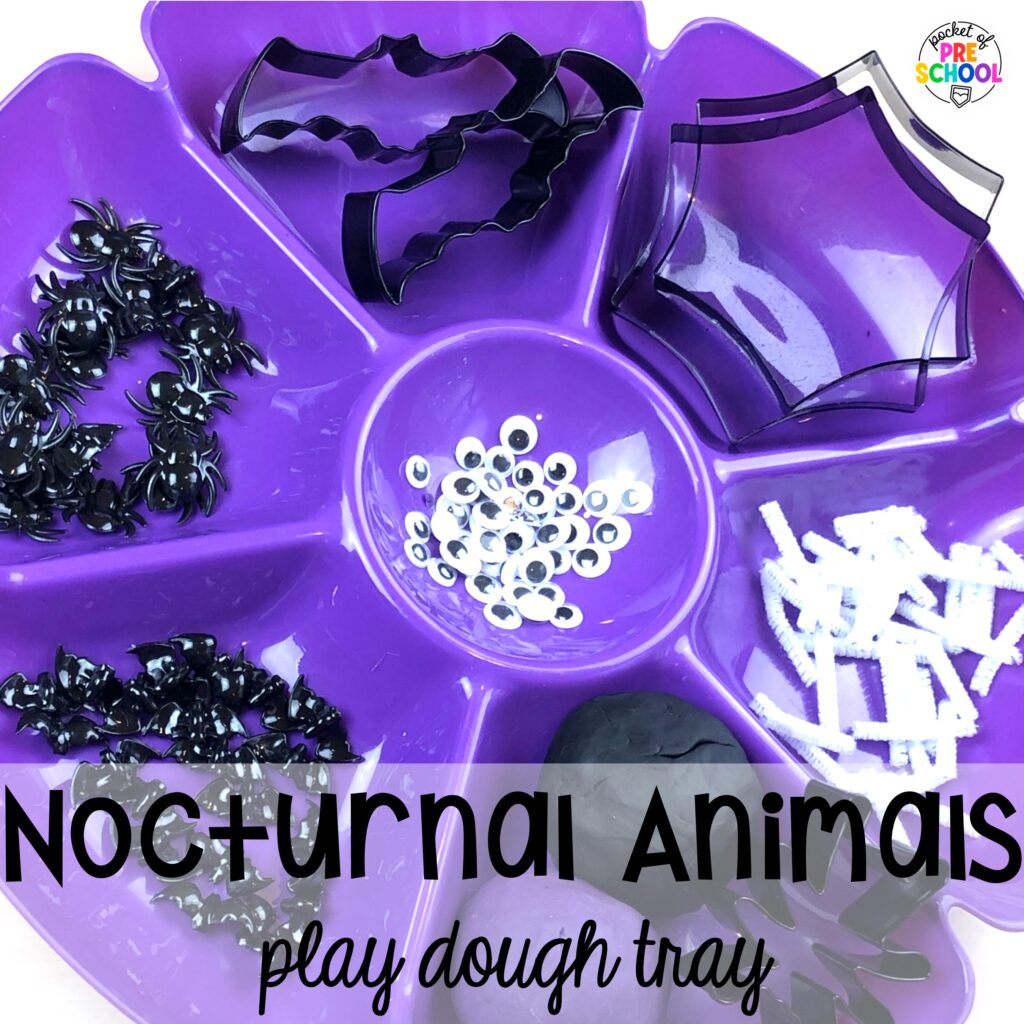 Nocturnal Animals Play Dough Tray for a great sensory option for a nighttime study. Play dough trays for all seasons, holidays, and tons of themes for your preschool, pre-k, and kindergarten classrooms.