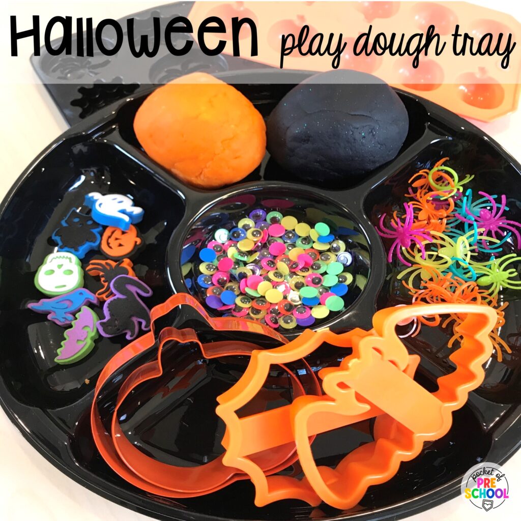 Halloween play dough tray for spooky fun for your preschool, pre-k, and kindergarten students. Check out over 50 play dough trays for preschool, pre-k, and kindergarten students.