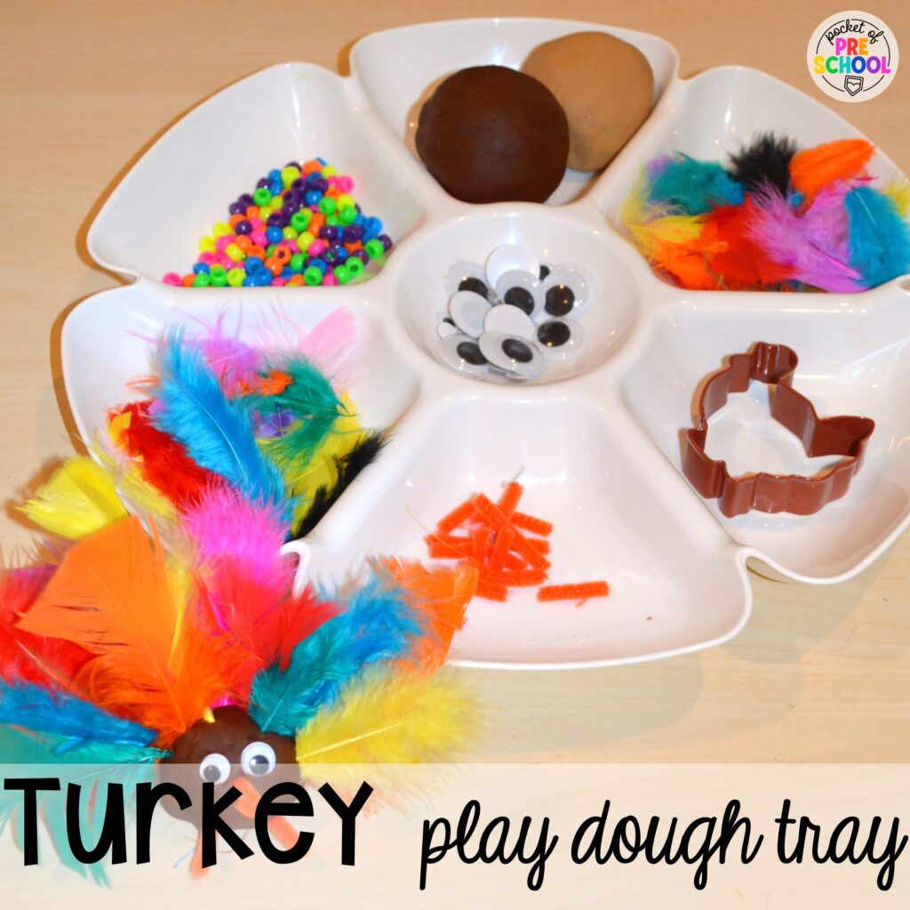 Have your students make a turkey for a cute Thanksgiving activity. Play dough trays for all seasons, holidays, and tons of themes for your preschool, pre-k, and kindergarten classrooms. 