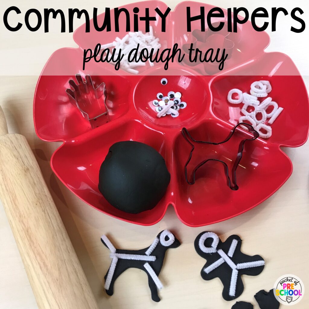 Learn about community helpers with this themed play dough tray. Check out over 50 play dough trays for preschool, pre-k, and kindergarten students.