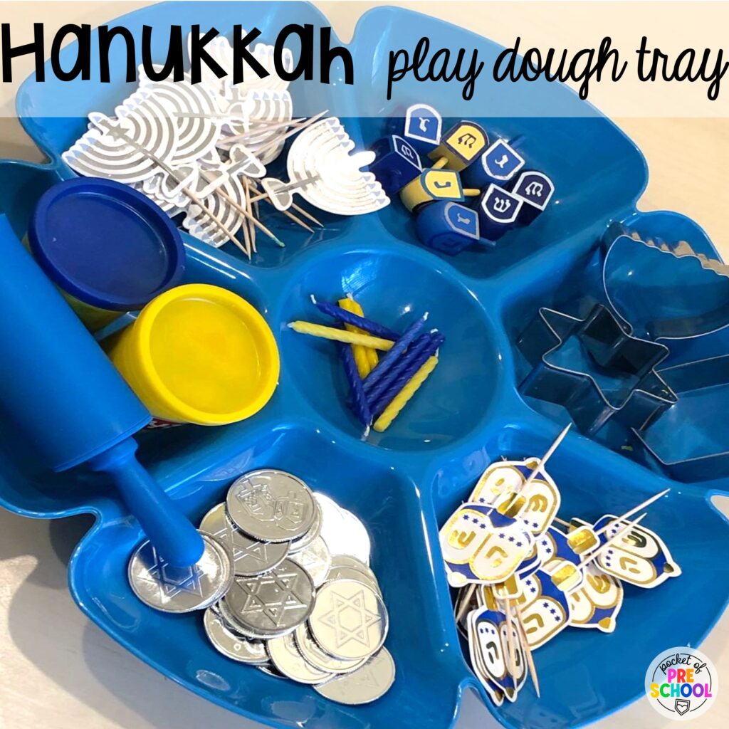 Hanukkah play dough tray for little learners to explore and learn through play. Play dough trays for all seasons, holidays, and tons of themes for your preschool, pre-k, and kindergarten classrooms.