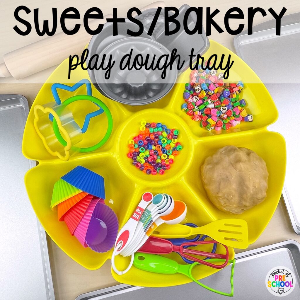 Create a simple bakery-themed play dough tray to give your students the chance to create yummy masterpieces. Check out over 50 play dough trays for preschool, pre-k, and kindergarten students.