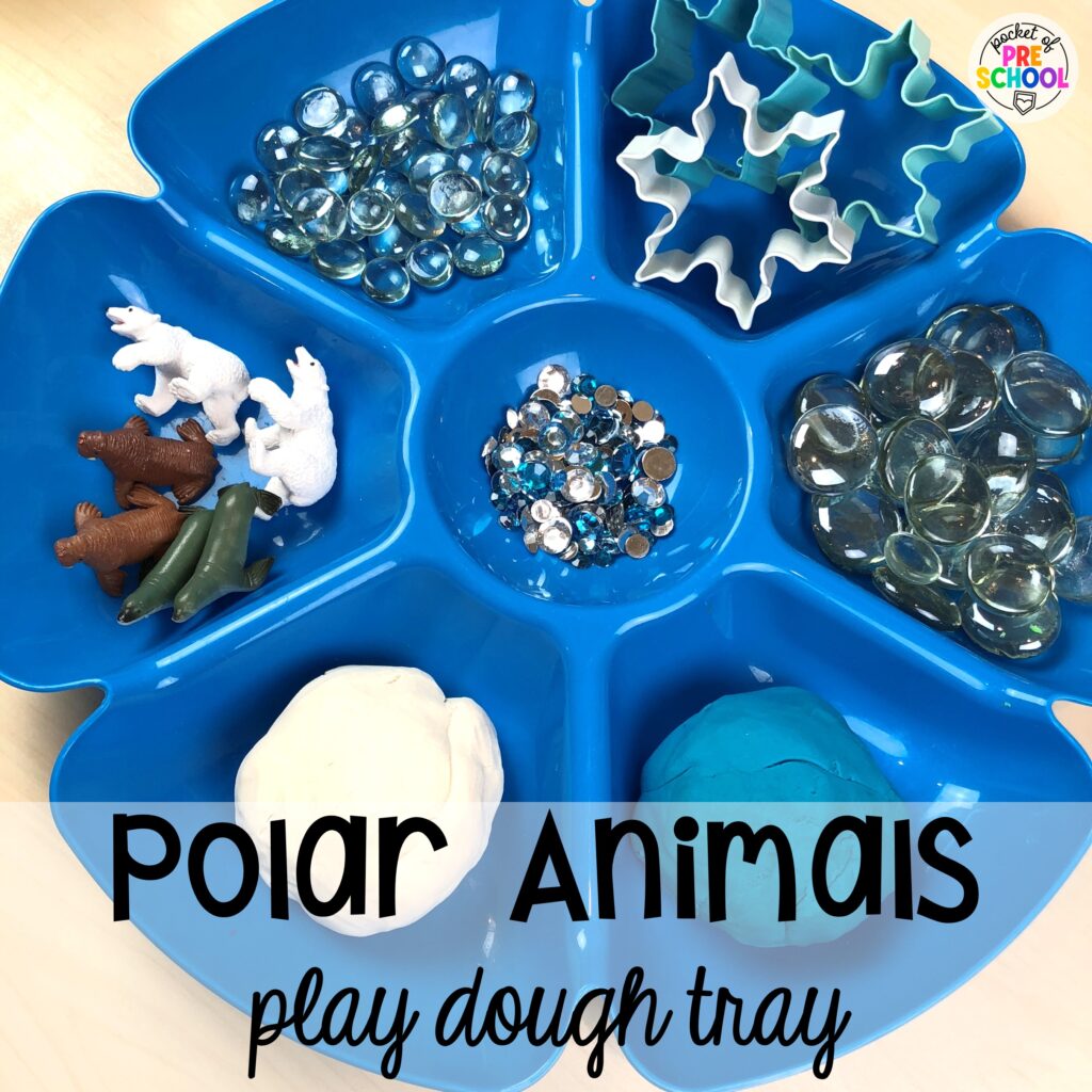 Explore polar animals with this adorable play dough tray. Check out over 50 play dough trays for preschool, pre-k, and kindergarten students.