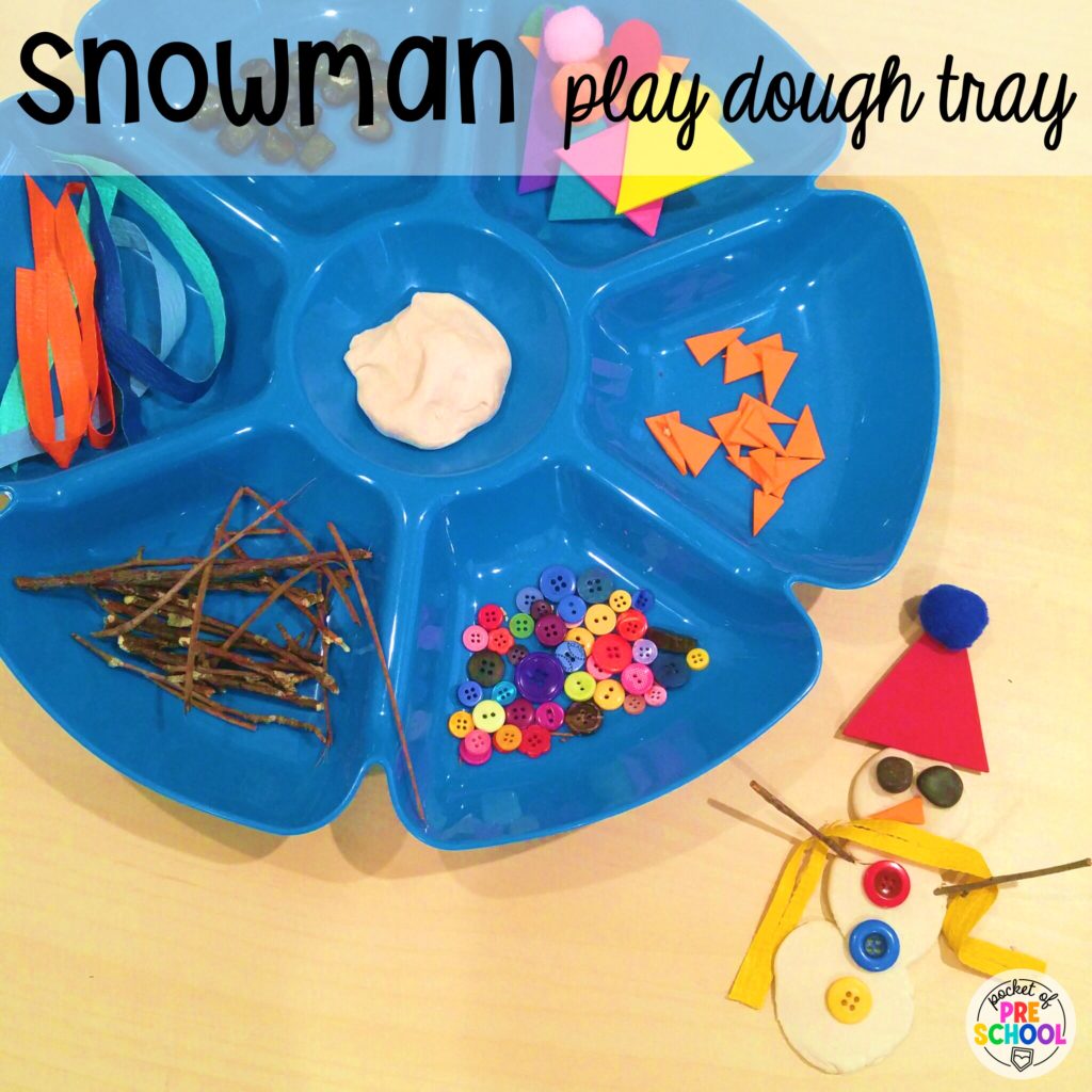 Snowman play dough tray to bring the magic inside. Play dough trays for all seasons, holidays, and tons of themes for your preschool, pre-k, and kindergarten classrooms.