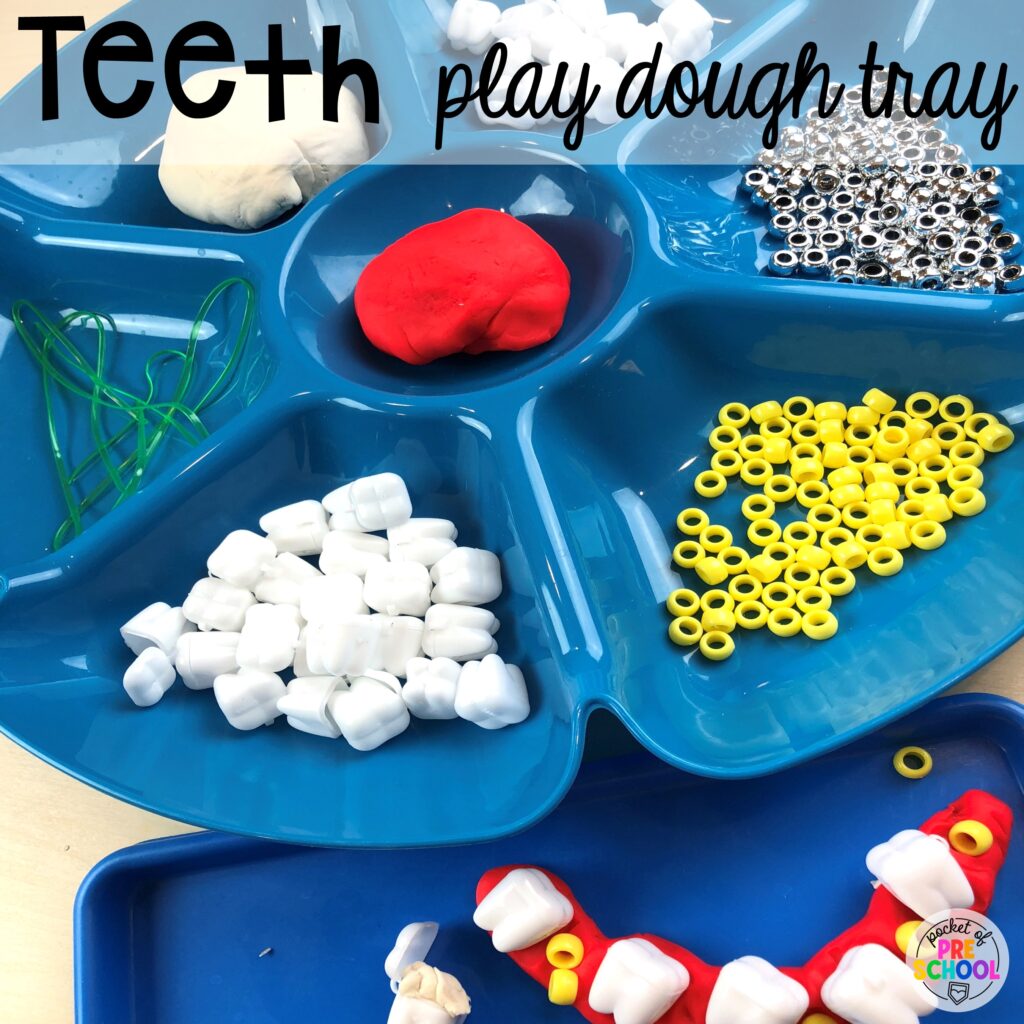 Learn about dental health with this cute play dough tray for preschool, pre-k, or kindergarten students. Check out over 50 play dough trays for preschool, pre-k, and kindergarten students.