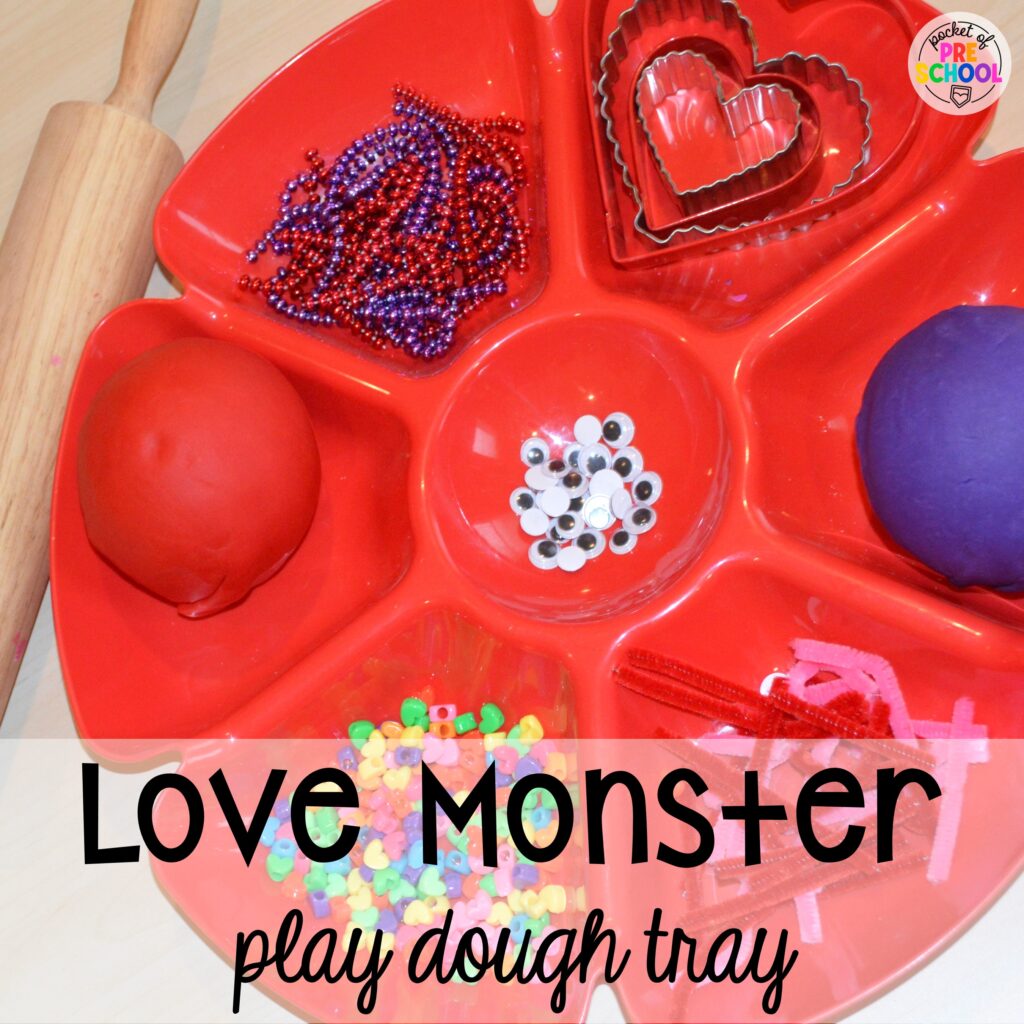 Give your students this love monster play dough tray and see all the fun they have. Check out over 50 play dough trays for preschool, pre-k, and kindergarten students.