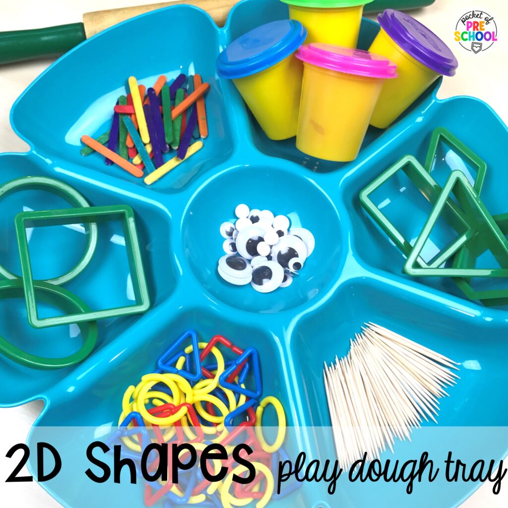 2D shapes play dough tray for little learners to explore shapes. Check out over 50 play dough trays for preschool, pre-k, and kindergarten students.