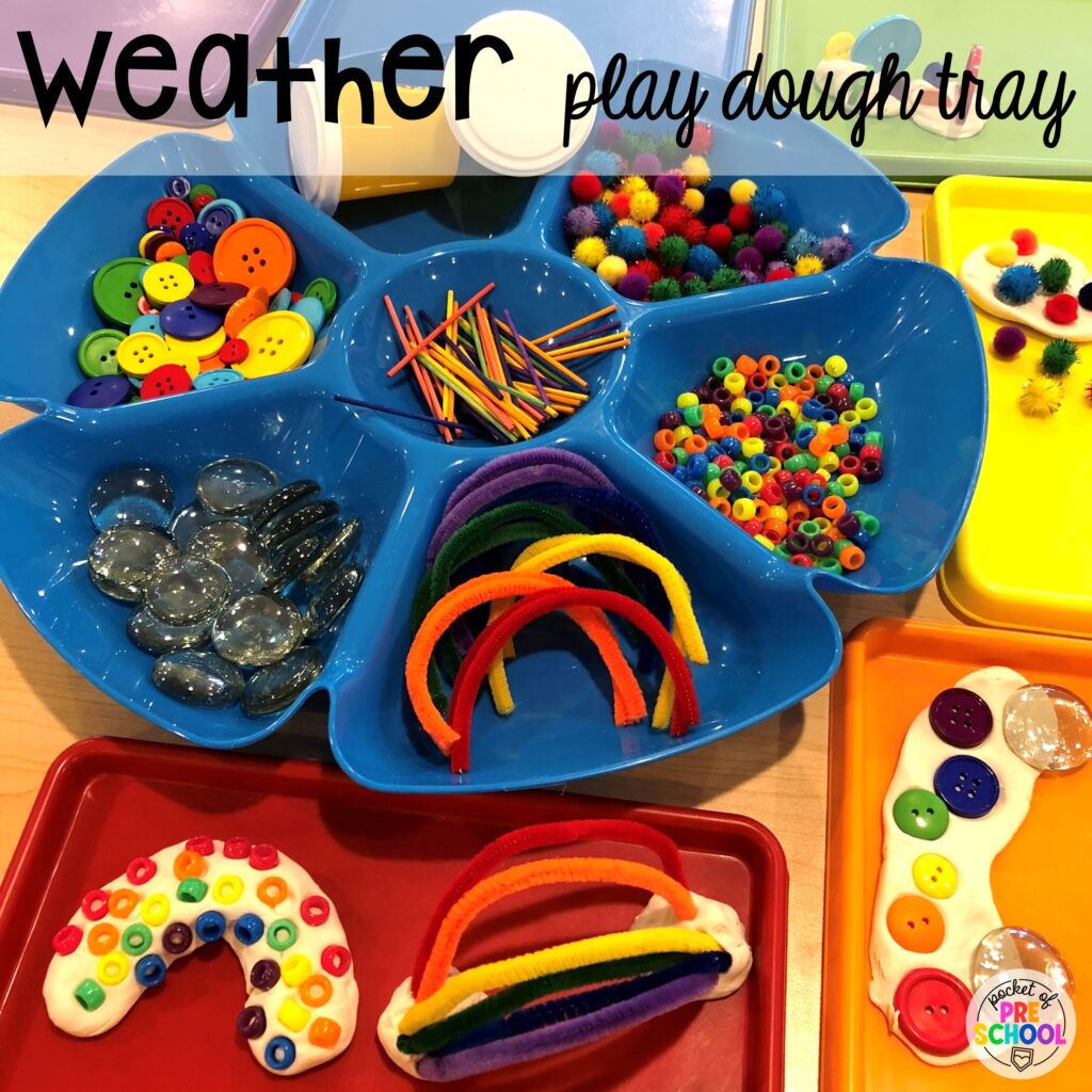 Weather play dough tray for preschool, pre-k, and kindergarten students to increase fine motor skills. Play dough trays for all seasons, holidays, and tons of themes for your preschool, pre-k, and kindergarten classrooms.