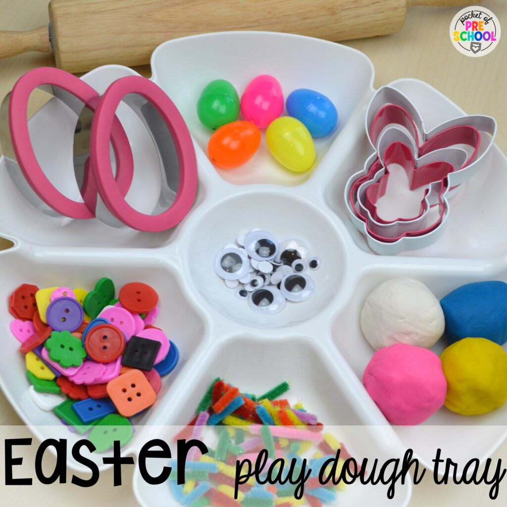 Create an Easter play dough tray for a hopping good time. Check out over 50 play dough trays for preschool, pre-k, and kindergarten students.