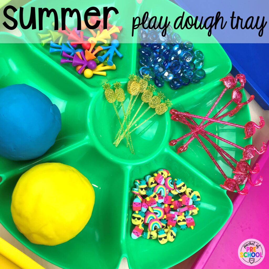 Summer play dough tray for fine motor, language skills, and creativity. Play dough trays for all seasons, holidays, and tons of themes for your preschool, pre-k, and kindergarten classrooms.