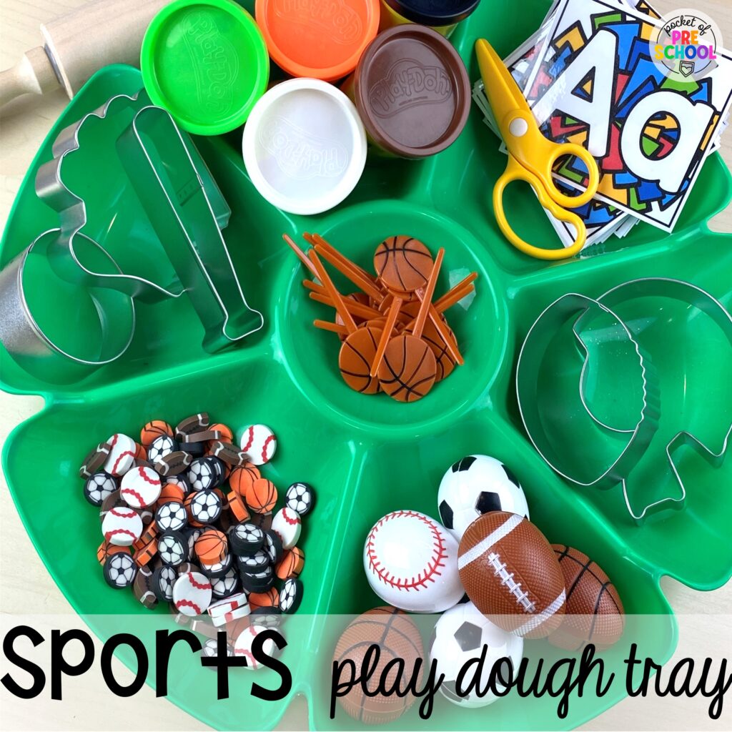 A sports theme will be a blast in your classroom with this play dough tray. Check out over 50 play dough trays for preschool, pre-k, and kindergarten students.