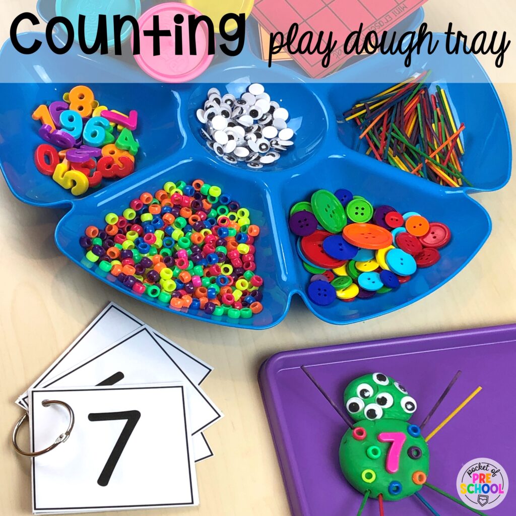 Counting play dough tray for preschool, pre-k, and kindergarten students to practice counting and one-to-one correspondence. Play dough trays for all seasons, holidays, and tons of themes for your preschool, pre-k, and kindergarten classrooms.