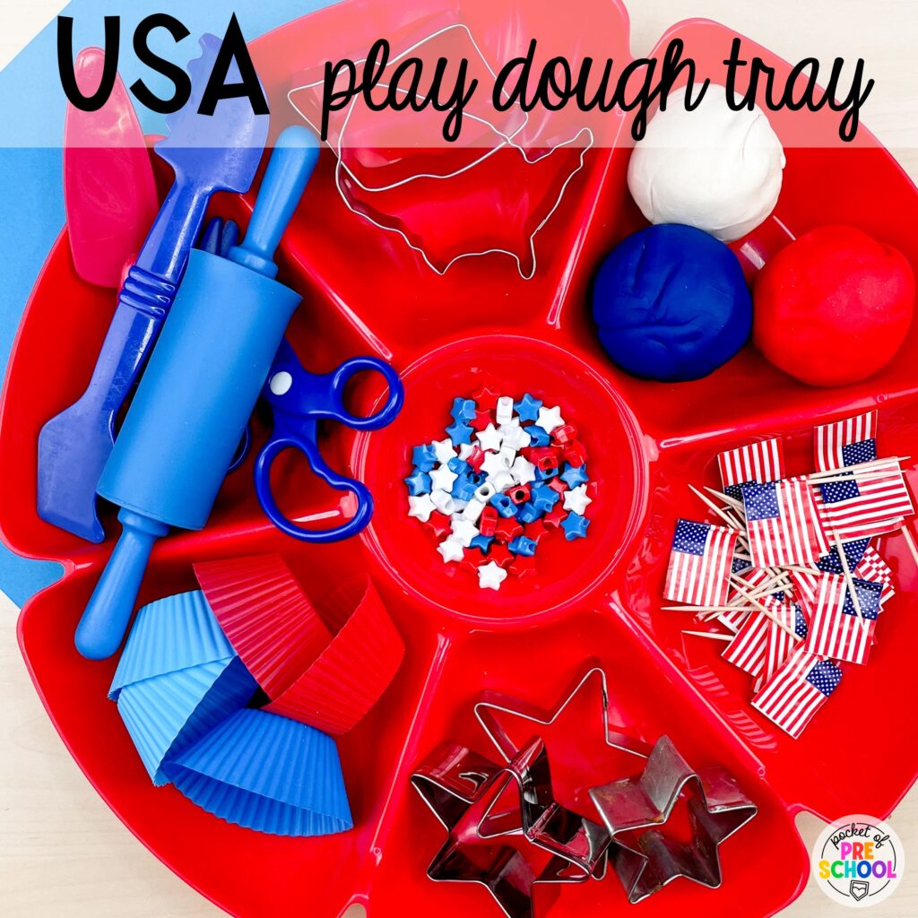 USA play dough tray for a patriotic way to design and strengthen fine motor muscles. Check out over 50 play dough trays for preschool, pre-k, and kindergarten students.