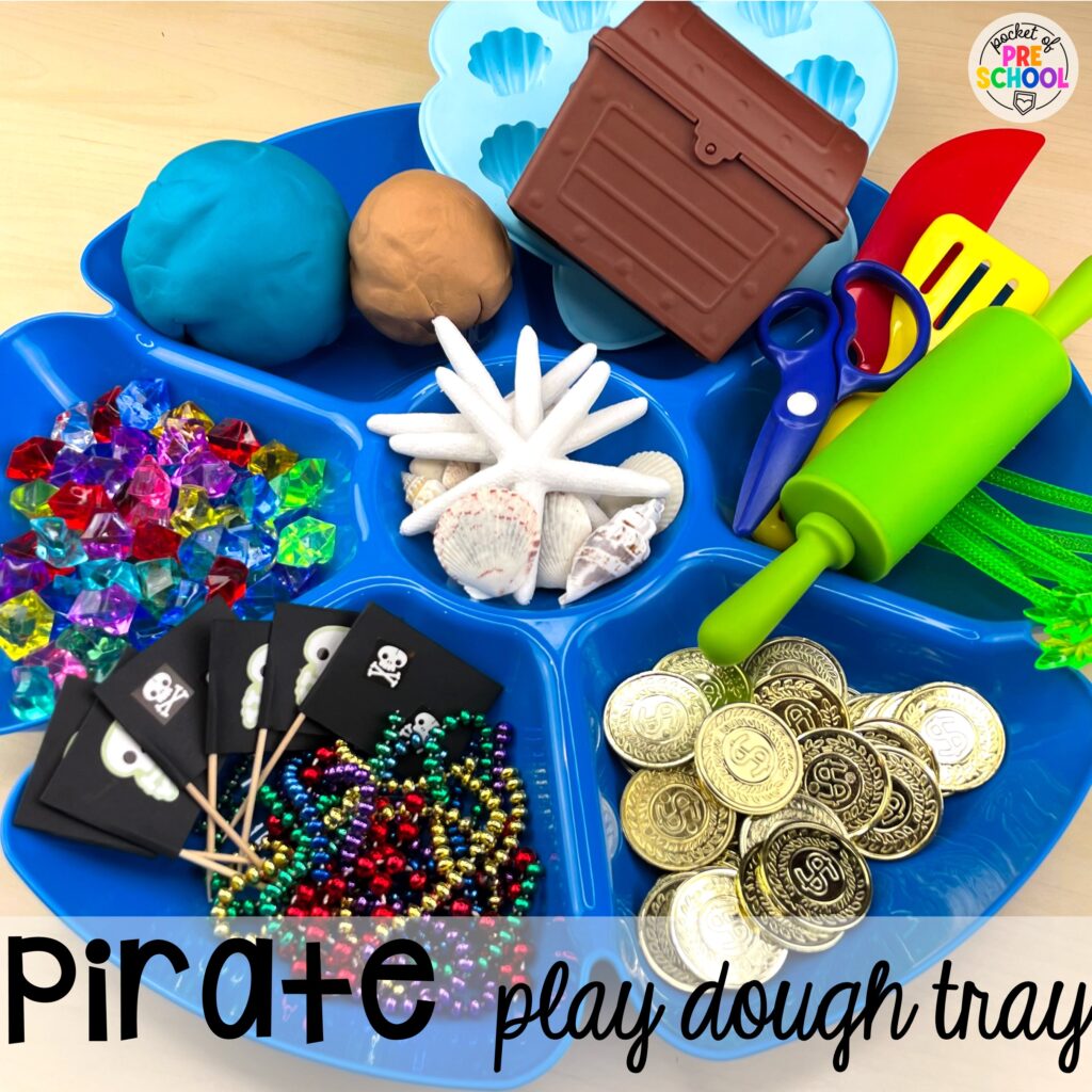 A pirate play dough tray for your little learners. Play dough trays for all seasons, holidays, and tons of themes for your preschool, pre-k, and kindergarten classrooms.