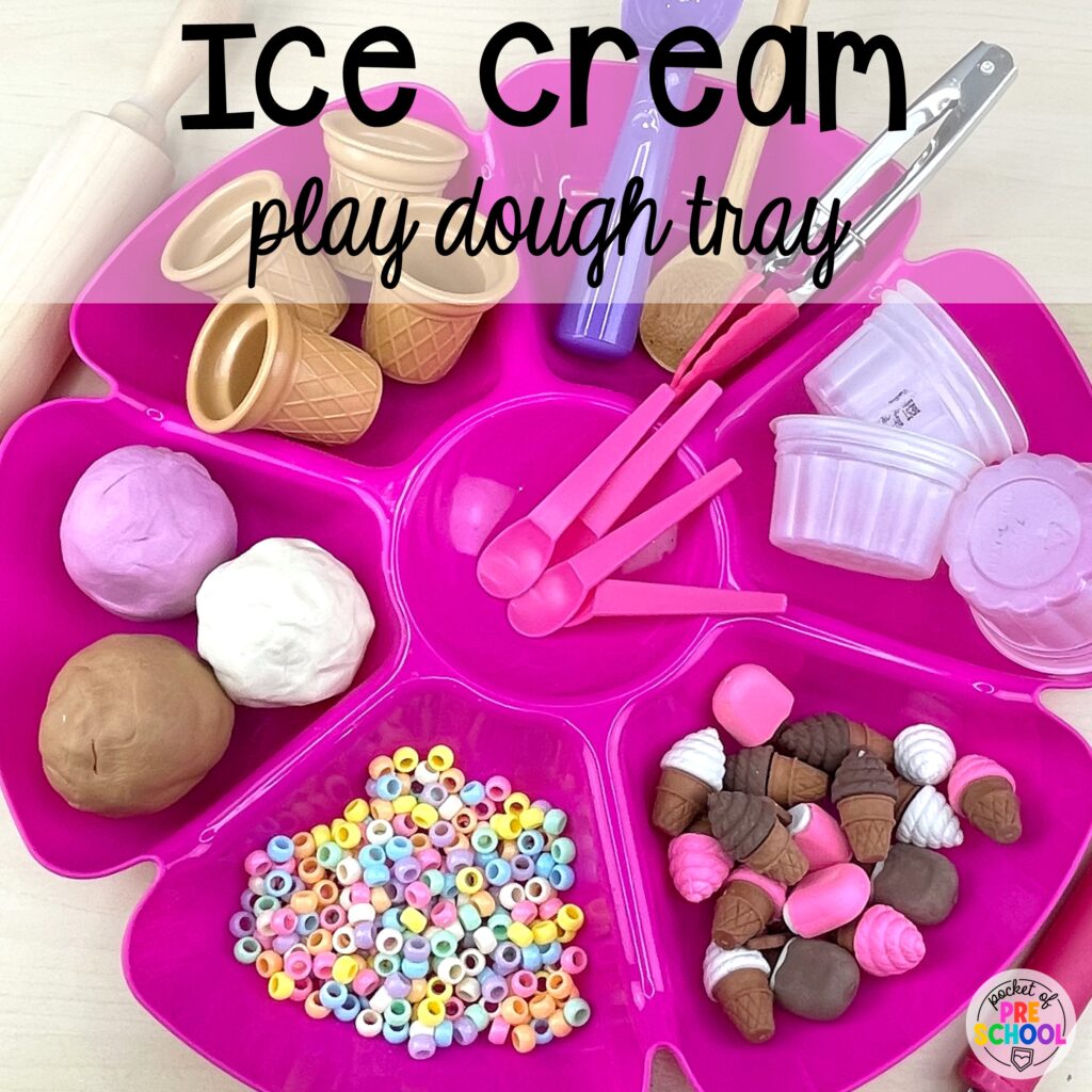 Create an ice cream play dough tray to encourage creativity. Check out over 50 play dough trays for preschool, pre-k, and kindergarten students.