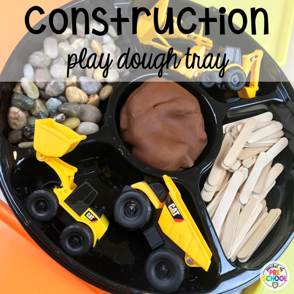 A construction play dough tray for your little learners. Check out over 50 play dough trays for preschool, pre-k, and kindergarten students.