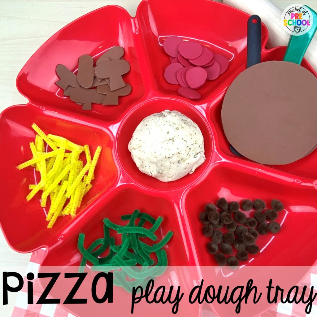 A fun pizza play dough tray that will engage your students. Play dough trays for all seasons, holidays, and tons of themes for your preschool, pre-k, and kindergarten classrooms.