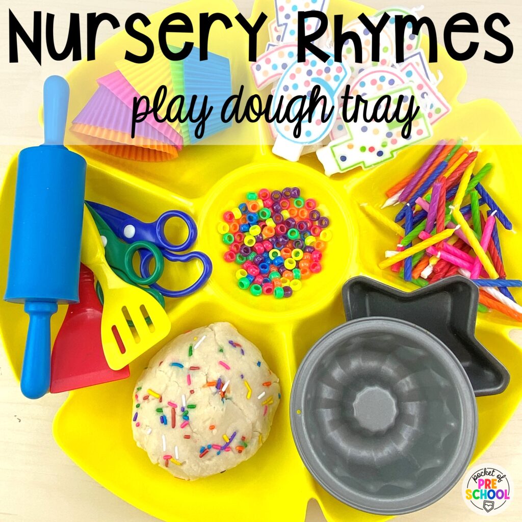 Create a pat-a-cake play dough tray for a nursery rhyme theme. Check out over 50 play dough trays for preschool, pre-k, and kindergarten students.