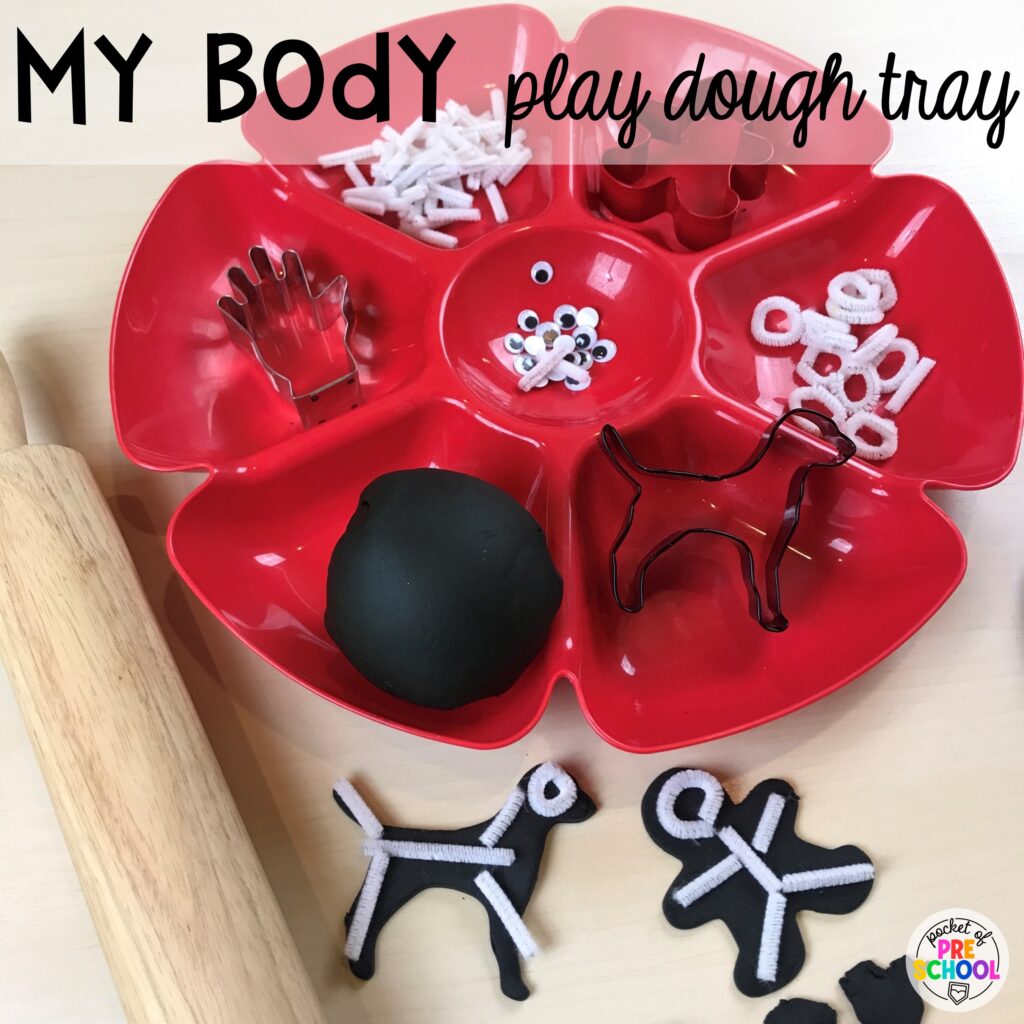 My body play dough tray for little learners to develop language skills and increase fine motor skills. Check out over 50 play dough trays for preschool, pre-k, and kindergarten students.