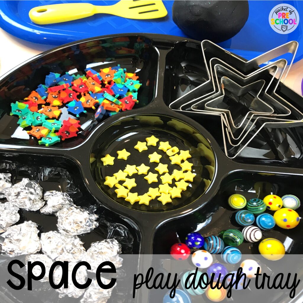 Space-themed play dough tray for young children to have so much fun in the classroom. Play dough trays for all seasons, holidays, and tons of themes for your preschool, pre-k, and kindergarten classrooms.