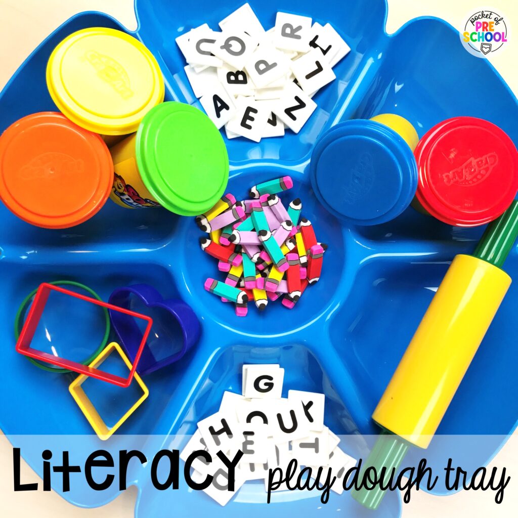 Literacy play dough tray to practice letter recognition, letter sounds, and more. Check out over 50 play dough trays for preschool, pre-k, and kindergarten students.