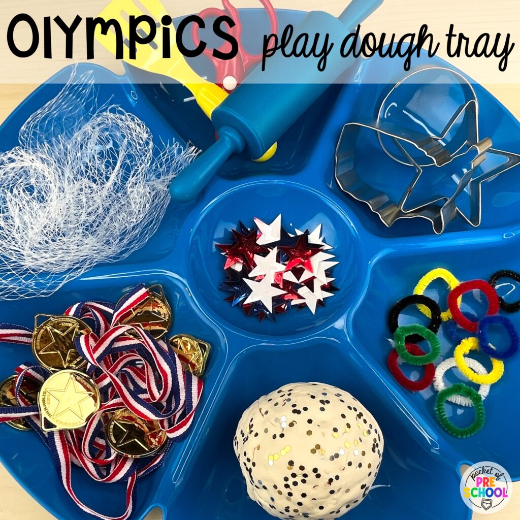Olympics-themed play dough tray for a summer games or winter games theme. Check out over 50 play dough trays for preschool, pre-k, and kindergarten students.